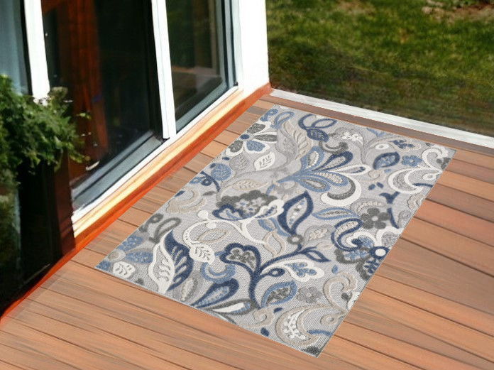 3’ X 5’ Jacobean Floral Indoor / Outdoor Area Rug - Blue Gray