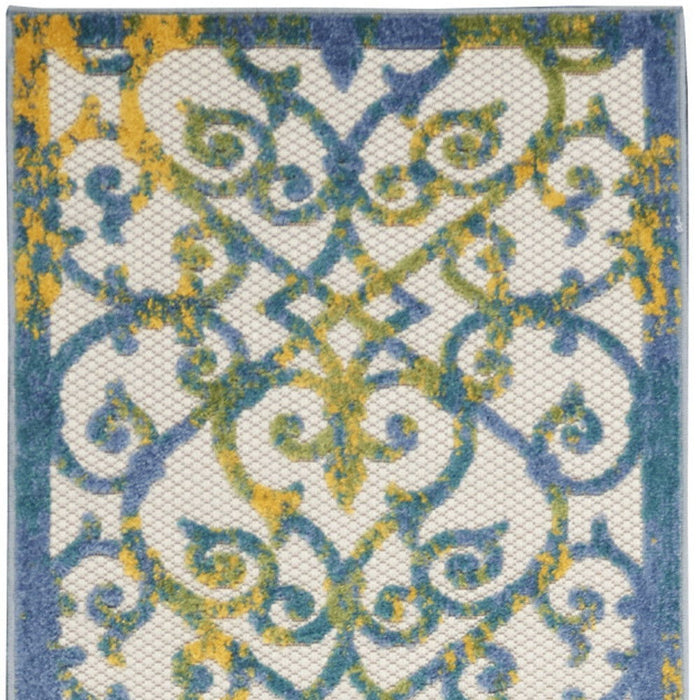 2' X 10' Damask Non Skid Indoor / Outdoor Runner Rug - Ivory / Blue