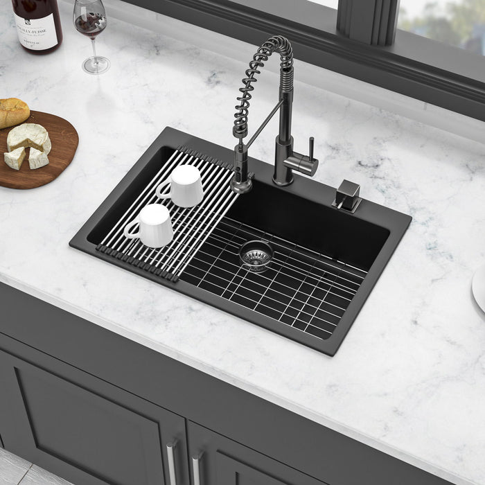 Quartz Kitchen Sink - Black Granite Composite Drop In Kitchen Sink - Black / Quartz