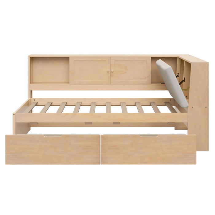 Twin L - Shaped Daybed With Storage Bookcase, Upholstered Headboard, USB Charging Ports & Hidden Drawers - Natural Hearth and Haven