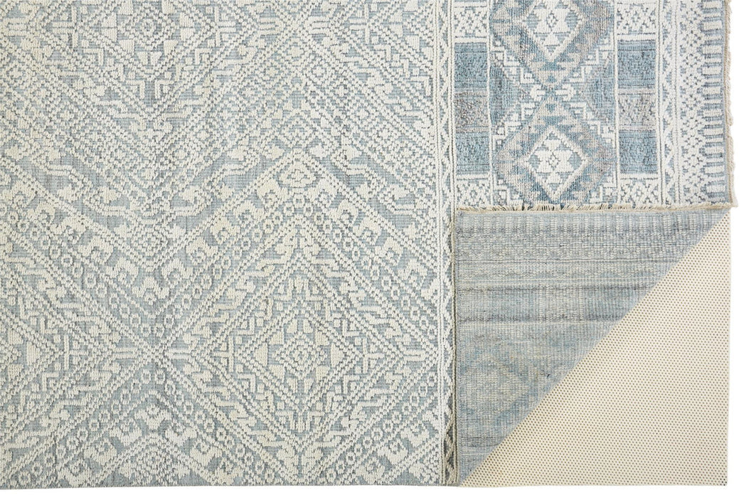 Geometric Hand Knotted Area Rug - Ivory Blue And Gray - 5' X 8'