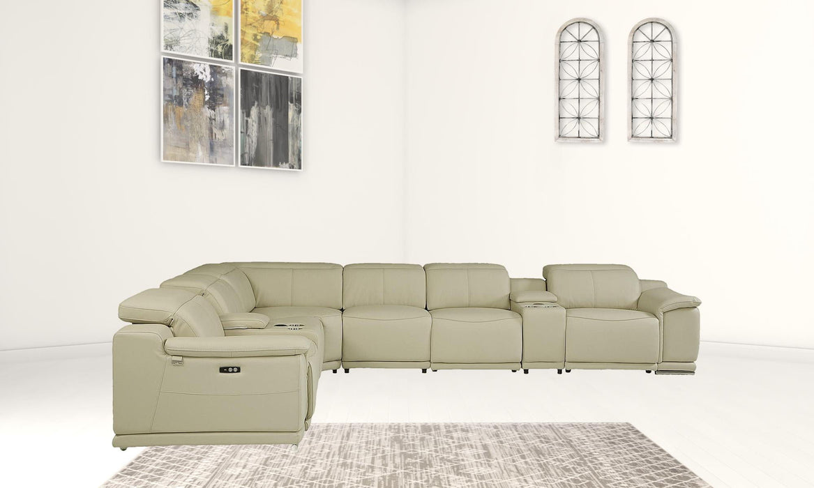 Italian Leather Power Reclining U Shaped Eight Piece Corner Sectional With Console - Beige