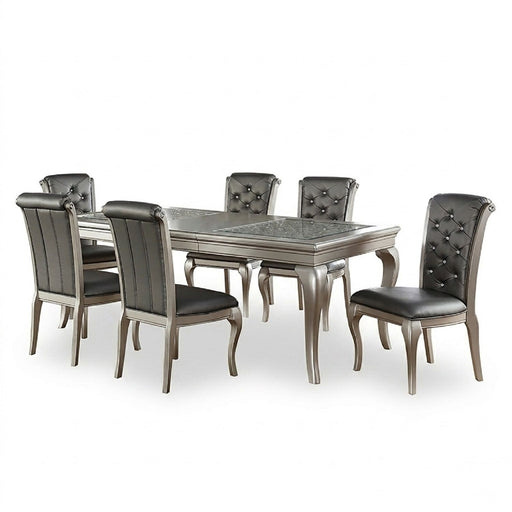 Rectangle Dining Table With Glass Top And 6 Tufted Back Chairs - Gray / Silver Home Essentials