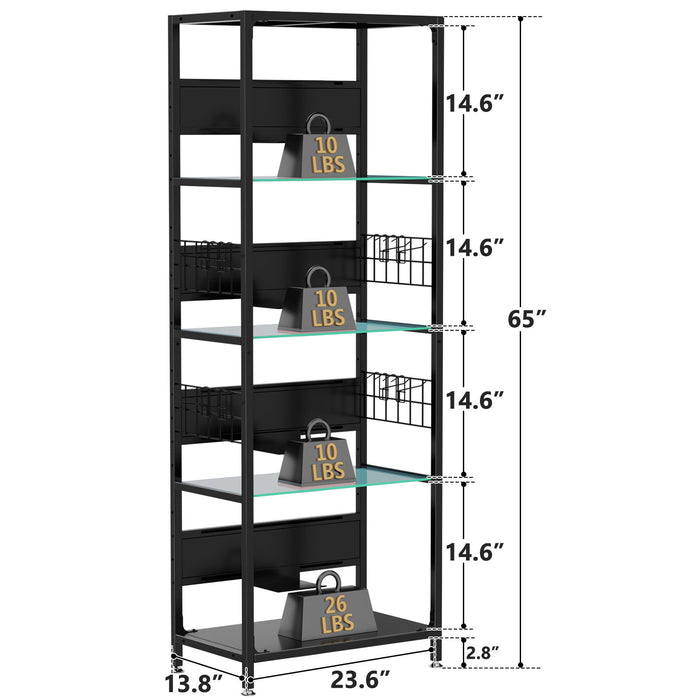 4 Tier Display Shelf With RGB Lights, LED Lighted Curio Cabinet With Adjustable Storage Box & Hooks - Black Daily Nest