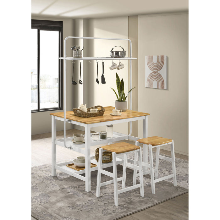 Prager - 3 Piece Kitchen Island Counter Table Set With Overhead Rack And Backless Stools - White Furniture Max