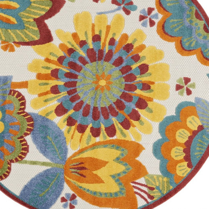 4' Round Round Floral Indoor / Outdoor Area Rug - Yellow / Ivory