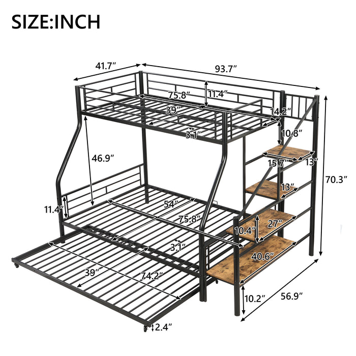 Twin Over Full Size Metal Bunk Bed With Trundle And Storage Staircase - Black