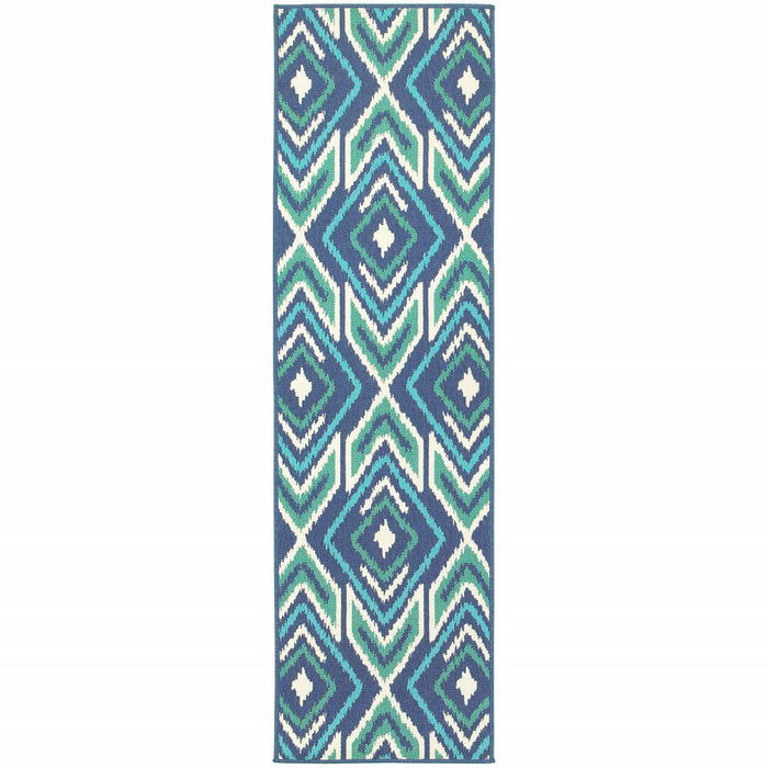 2' X 8' Geometric Stain Resistant Area Rug Indoor / Outdoor - Ivory / Blue