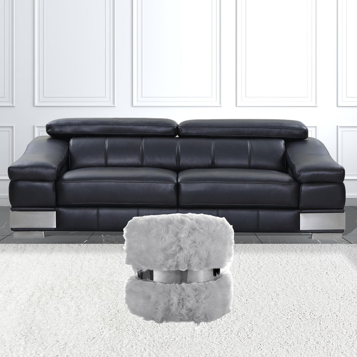 Faux Fur Round Ottoman - Gray