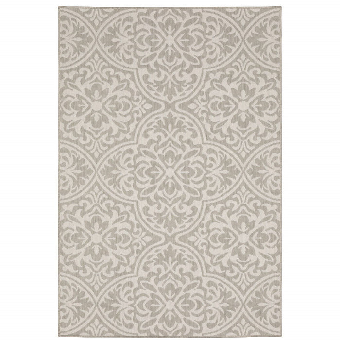 10' X 13' Floral Stain Resistant Indoor / Outdoor Area Rug - Gray / Ivory