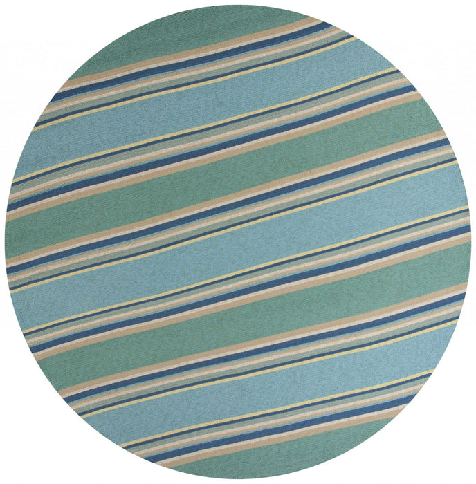 8' Hand Hooked UV Treated Awning Stripes Round Indoor / Outdoor Area Rug - Ocean Blue