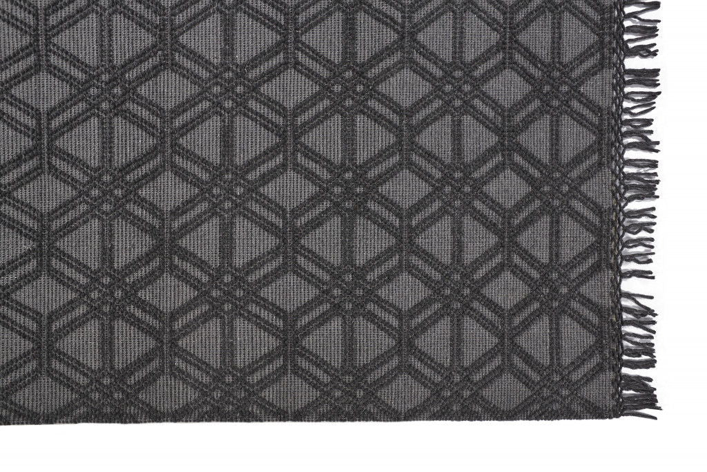 Geometric Hand Woven Area Rug With Fringe - Black And Gray Wool - 4' X 6'