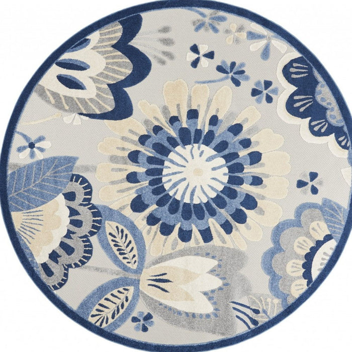 8' Round Round Floral Outdoor / Indoor Area Rug - Blue / Gray