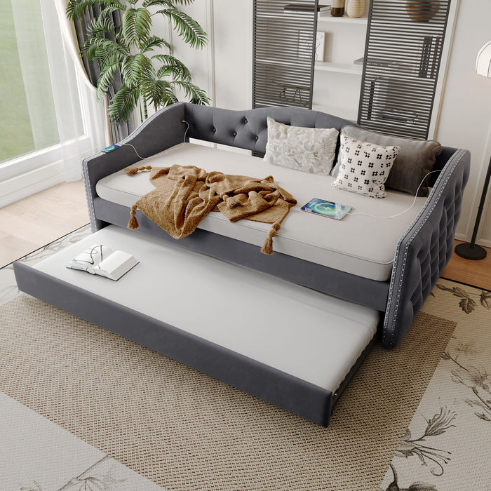 Twin Size Upholstered Daybed With Trundle And USB Charging Design For Bedroom - Gray Home Essentials
