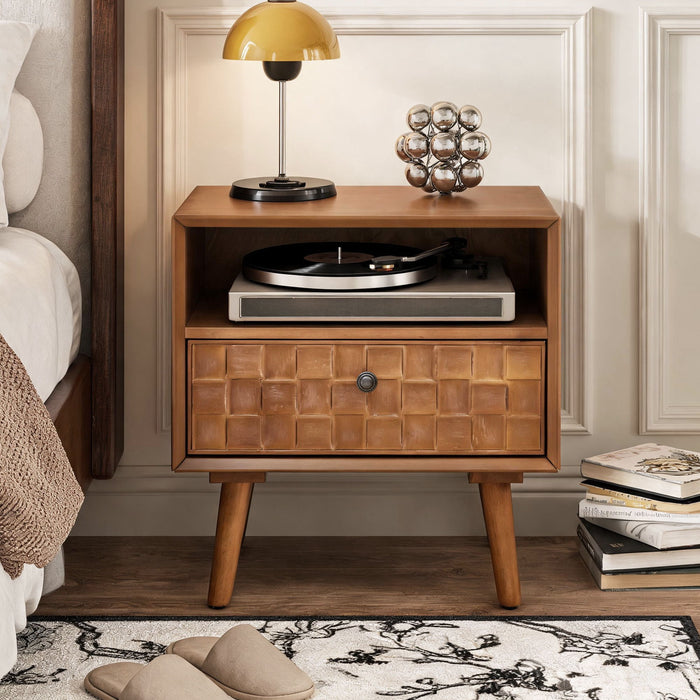 Nightstand With Carved Geometric Drawer Front, 1 Drawer And Open Shelf Home Essentials
