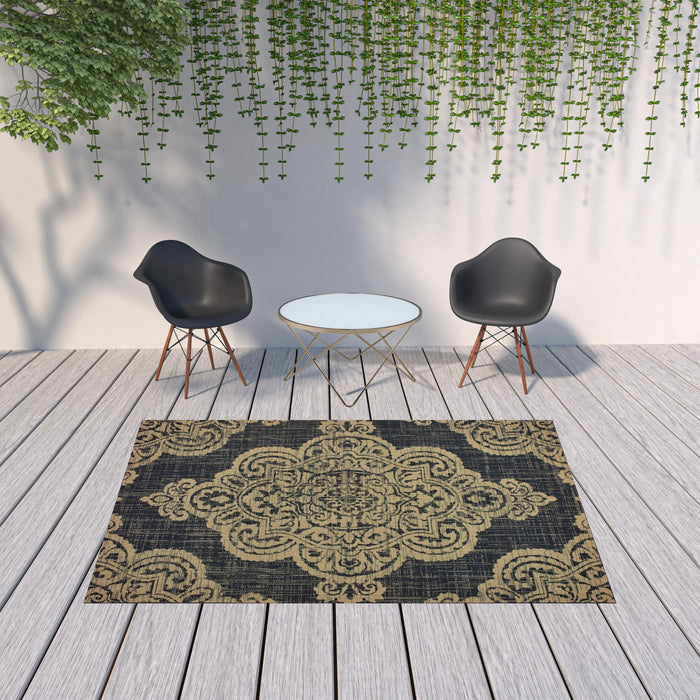 7' X 10' Oriental Stain Resistant Indoor / Outdoor Area Rug - Black / Tan