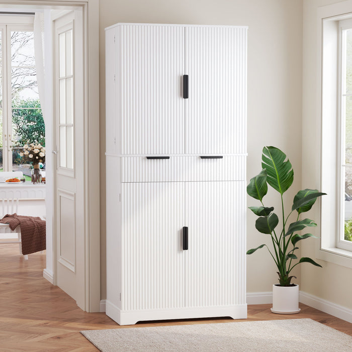 Fluted Kitchen Pantry Cabinet With 3 Keyboard Drawers & 6 Adjustable Door Shelves Home Essentials