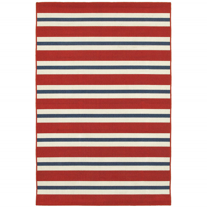 7' X 10' Geometric Stain Resistant Outdoor / Indoor Area Rug - Red / Ivory