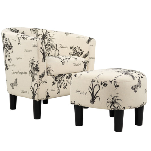 Accent Chair With Matching Ottoman Upholstered Round Backrest, Seating Set - Off White / White Home Essentials