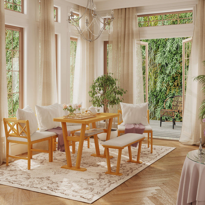 Farmhouse Solid Wood Dining Nook Set For 6, Space Saving High Top Corner Table With Bench & Chairs - Natural / White