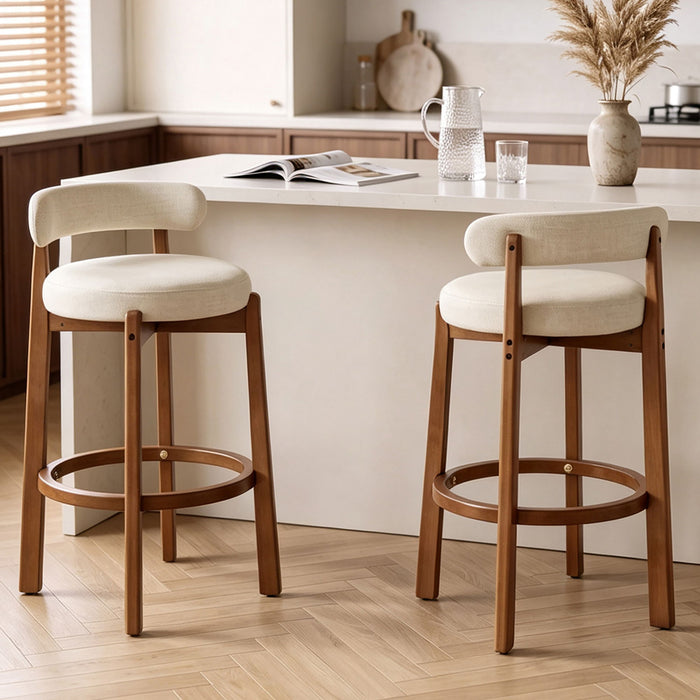 Bar Stool With Curved Backrest, Rounded Edges, And Footrest (Set of 2) - Beige / Walnut Hearth and Haven
