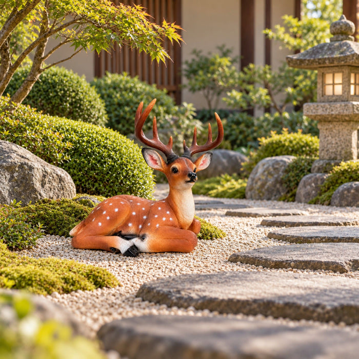 Lying Deer Garden Statue, Buck Sculpture With Detachable Antlers For Outdoor Decor - Brown Daily Nest