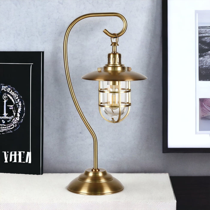Metal Arched Table Lamp With Brass Cage Shade - Antiqued Brass