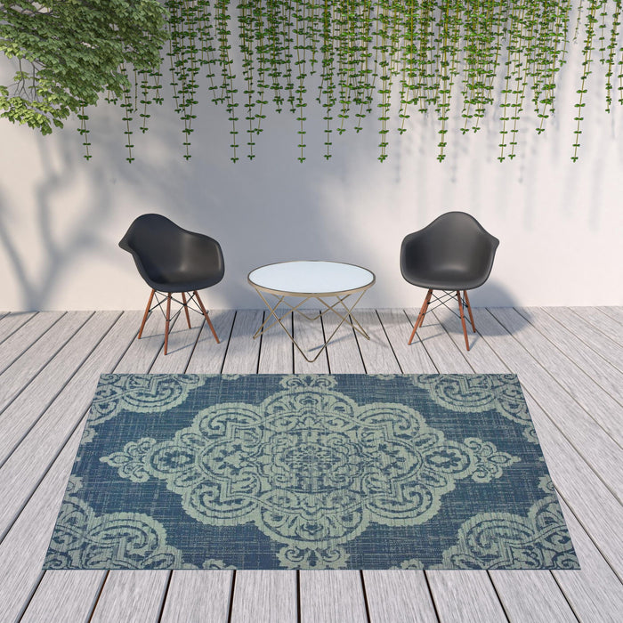 8' X 11' Oriental Stain Resistant Indoor Outdoor Area Rug - Blue