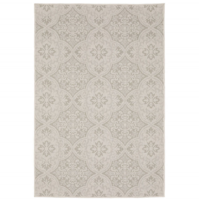 7' X 9' Floral Stain Resistant Outdoor / Indoor Area Rug - Gray / Ivory