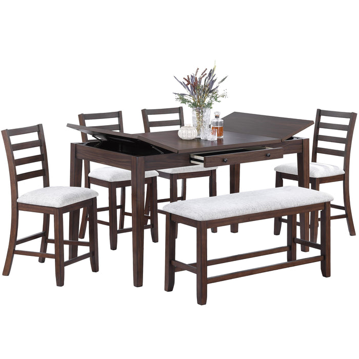 6 Piece Counter Height Dining Set Table With Storage Ladder Back Chairs And Bench - Walnut Home Essentials