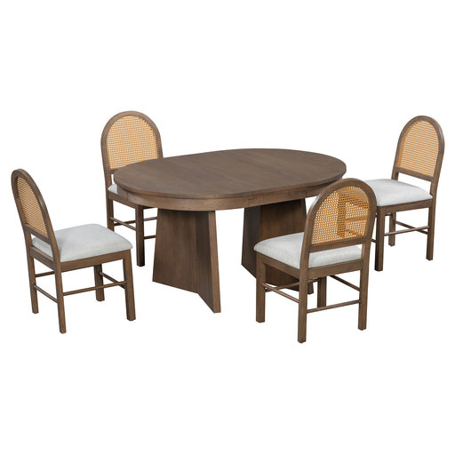 Extendable Round Dining Table Set For 4 With 4 Upholstered Chairs - Beige / Walnut Hearth and Haven