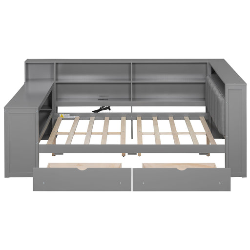Platform Bed With Upholstered Headboard, Storage Shelves, Drawers, Charging Station, LED Lighting, Built In Desk Hearth and Haven