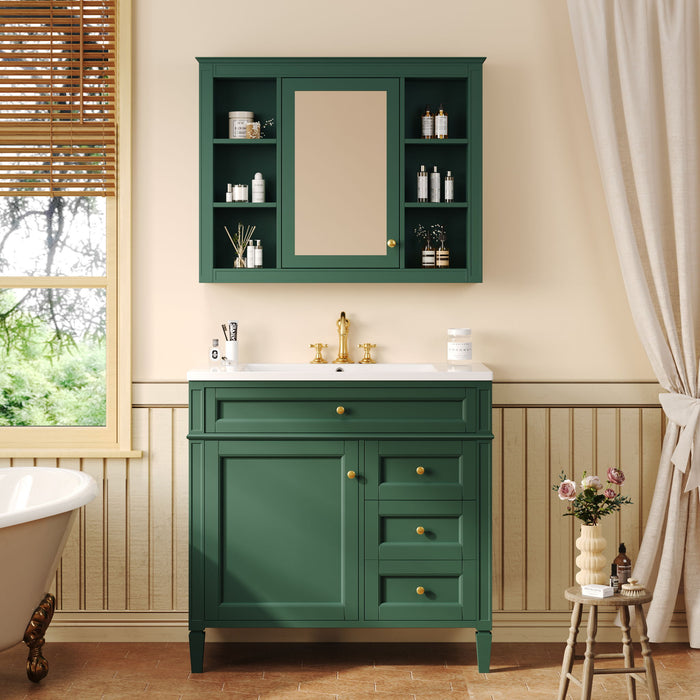Bathroom Vanity With Top Sink, Storage Cabinet With Mirror, 2 Doors, 3 Drawers, 6 Open Shelves