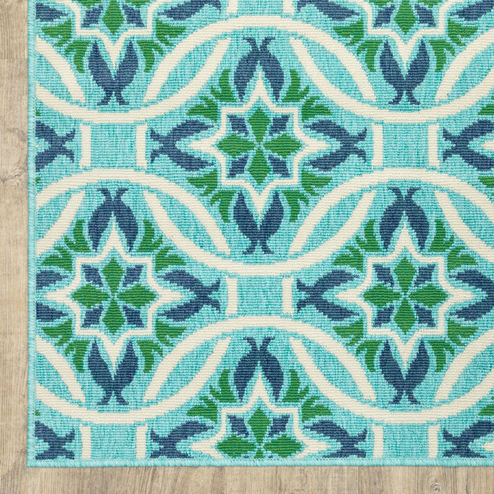 2' X 8' Geometric Stain Resistant Outdoor / Indoor Area Rug - Blue / Green