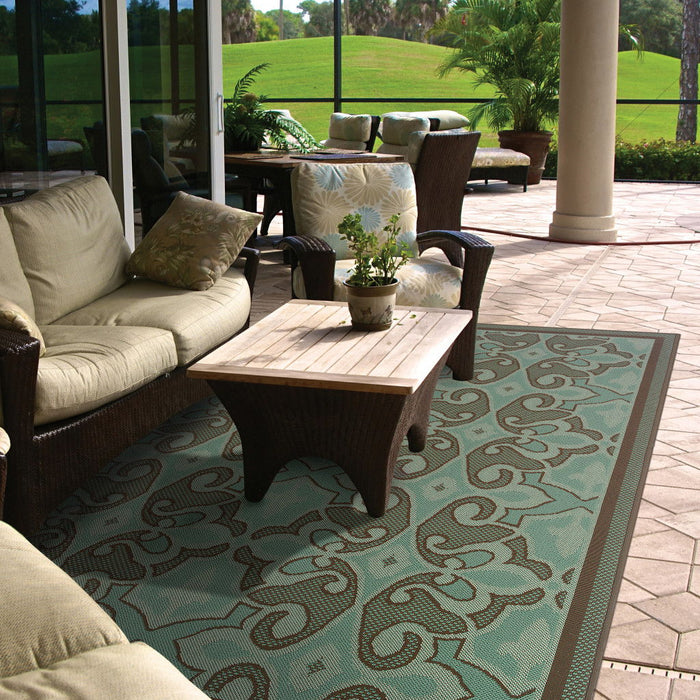 9' X 13' Oriental Stain Resistant Outdoor / Indoor Area Rug - Blue