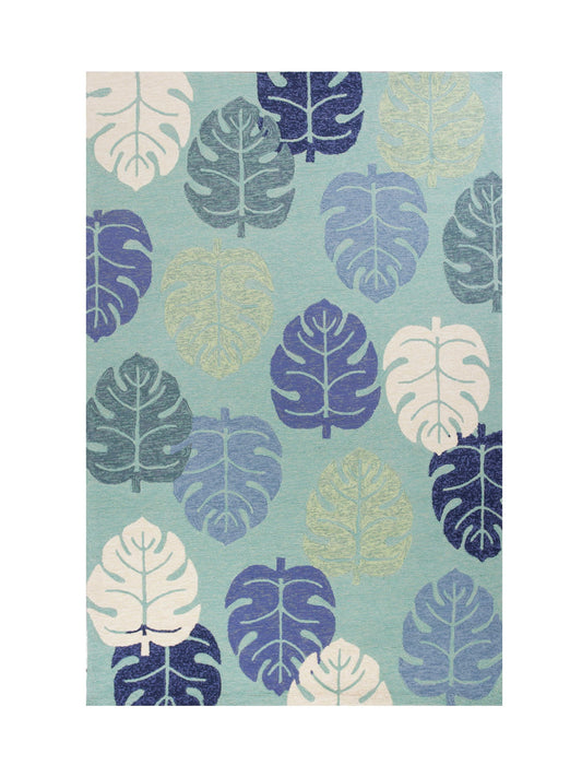 5' X 8' Hand Hooked UV Treated Tropical Leaves Indoor / Outdoor Area Rug - Turquoise Blue