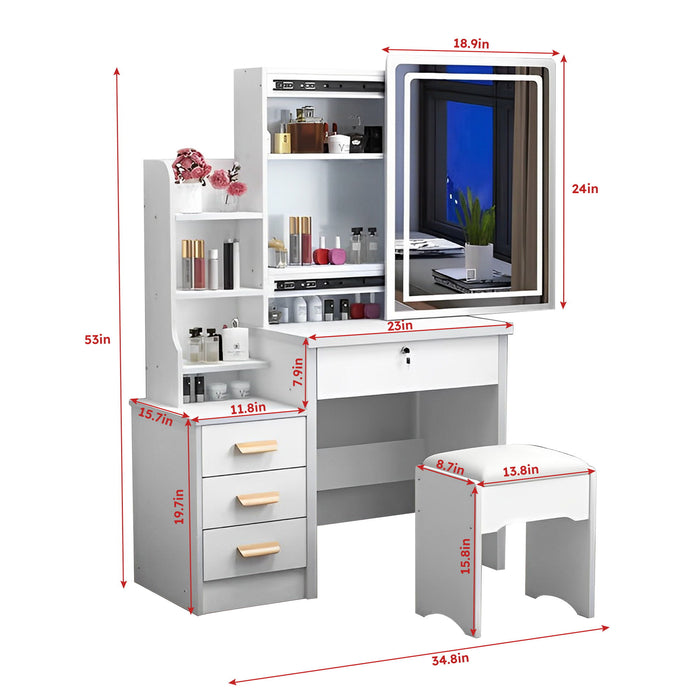 Vanity Desk With Mirror And Lights For Makeup And Chair Set With 3 Adjustable LED Lighting, 4 Drawers - White Home Essentials