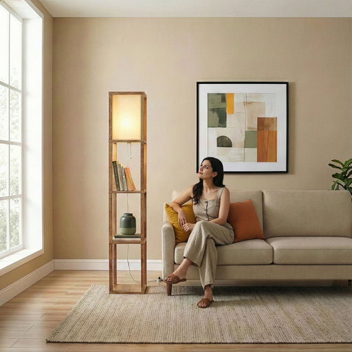Pinnacle - Shelf Floor Lamp For Bedroom / Living Room, Long Shade - Natural Wood / White Ashcroft Furniture