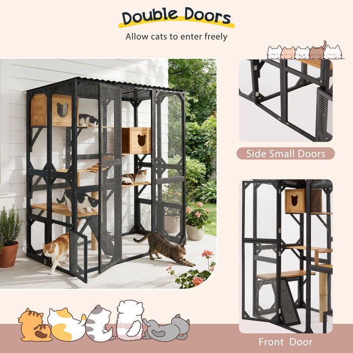 Outdoor Cat Enclosure With Sleeping Houses, Jumping Platforms, Scratching Post Hearth and Haven