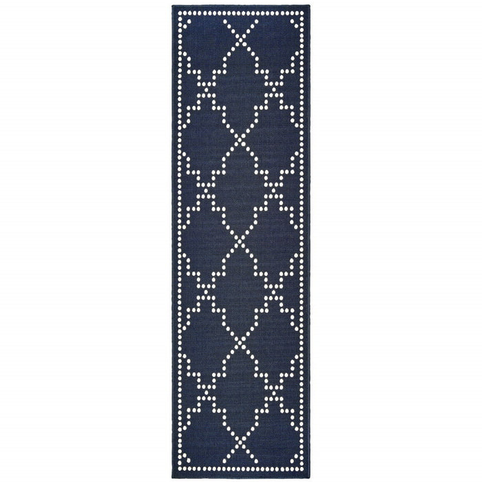 2' X 8' Geometric Stain Resistant Indoor / Outdoor Area Rug - Blue / Ivory