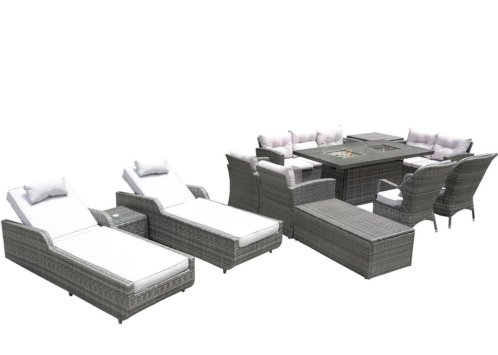 Twelve Piece Outdoor Wicker Multiple Chairs Seating Group Fire Pit Included With White Cushions - Gray