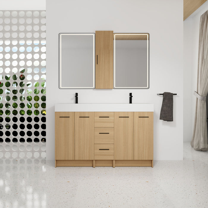 Double Sink Bathroom Vanity Set With Tall Linen Cabinet, 3 Drawers, Extra Large Storage, Integrated Sink, Freestanding Cabinet - Light Oak / White Home Essentials
