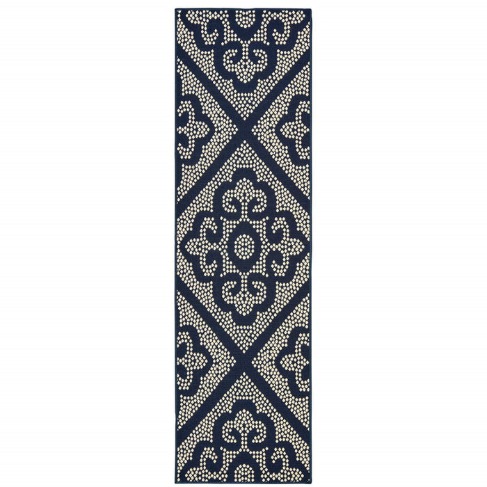 2' X 8' Geometric Stain Resistant Indoor & Outdoor Area Rug - Blue / Ivory