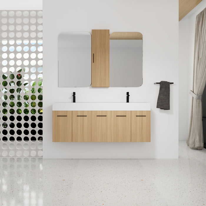 Floating Double Sink Bathroom Vanity Set With Tall Linen Cabinet, Extra Large Storage, Integrated Sink, Soft Close Doors - Glossy White / Light Oak Home Essentials