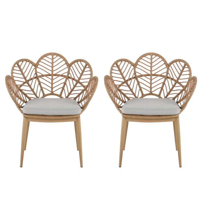 Kirk - Outdoor Wicker Peacock Shape Papasan Style Chair, Teak Finished Leg (Set of 2) - Beige / Light Brown / Light Teak