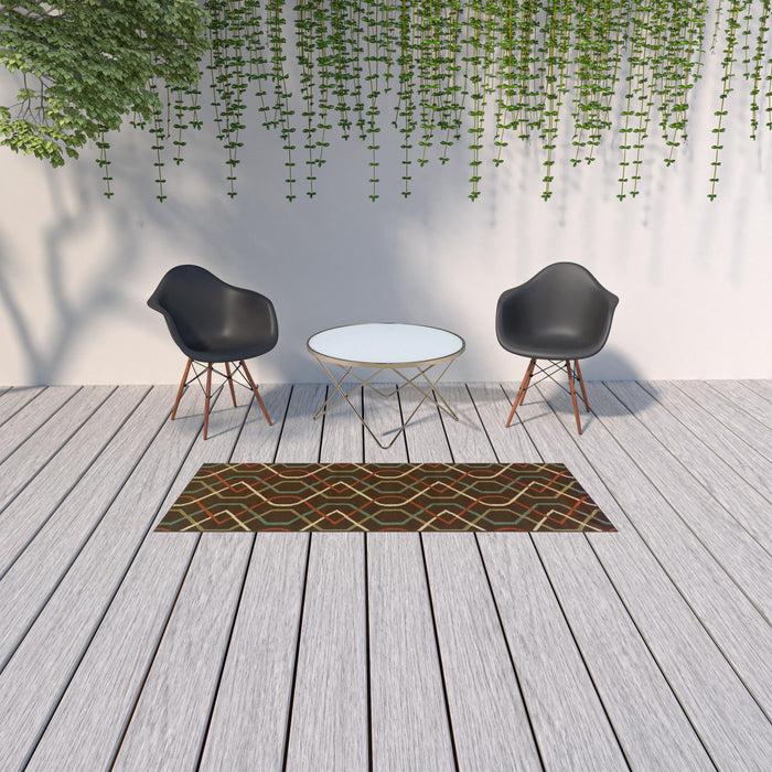 2' X 8' Geometric Stain Resistant Indoor / Outdoor Area Rug - Brown / Ivory