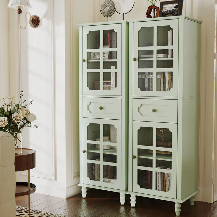 Storage Cabinet, Freestanding Curio Cabinet With Grid Doors & Drawer, Pantry Display Cabinet For Kitchen Home Essentials