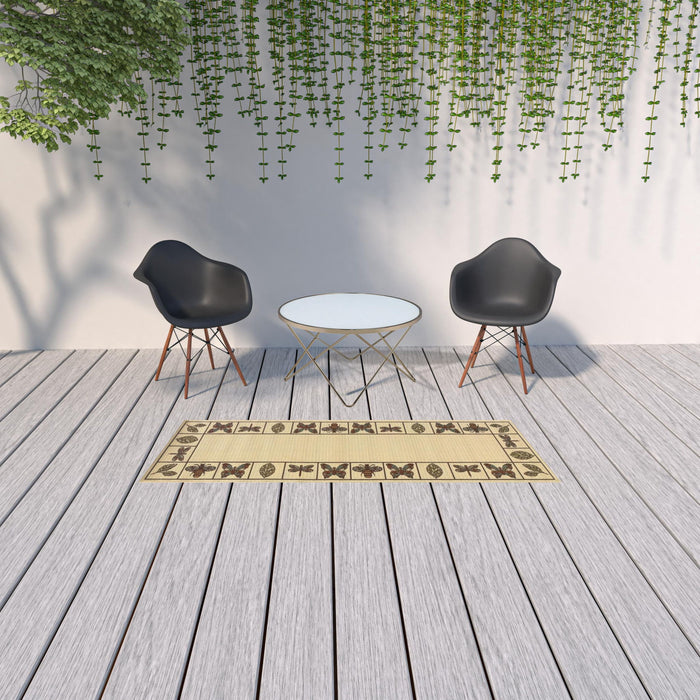 2' X 8' Abstract Stain Resistant Indoor / Outdoor Area Rug - Brown / Ivory