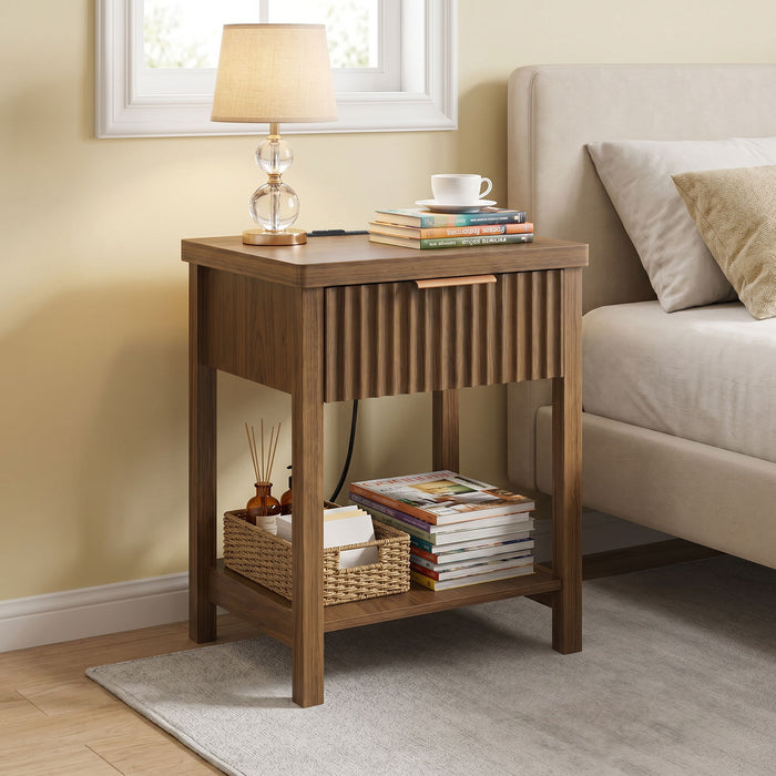 Nightstand, Bedside Table With Built In Charging Station (Set of 2) - Walnut Home Essentials