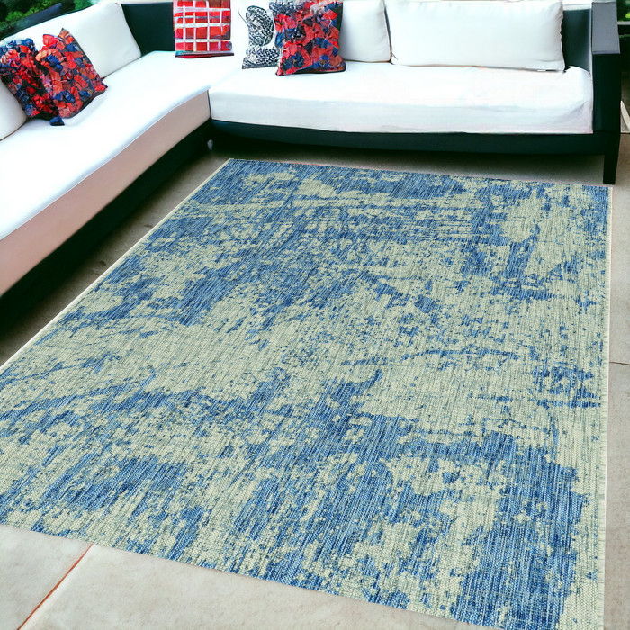 5' X 7' Machine Woven UV Treated Abstract Brushstroke Indoor / Outdoor Area Rug - Gray Denim